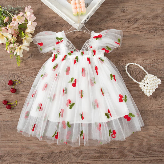 Baby Girl Dress Summer Fruit Flower Print Cute Bow Back Decoration Baby Girl Dress Princess Style Birthday Party Baby Girl Dress