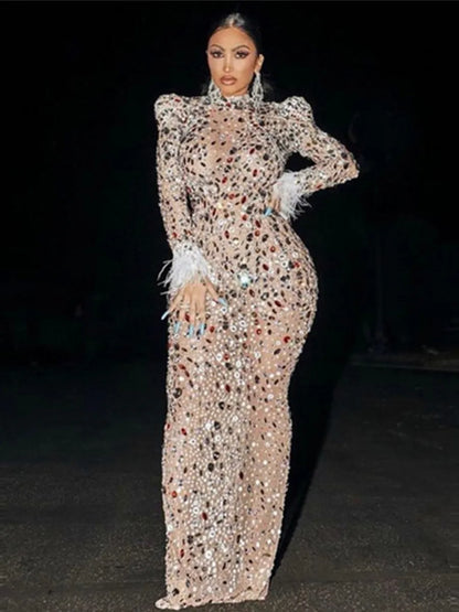 Long sleeved sparkling rhinestone long dress celebrates birthday luxurious party dress wedding dress formal party dress