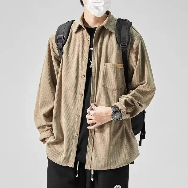 Men's Loose Casual Shirt with Thick Long-Sleeve Corduroy, Versatile Top