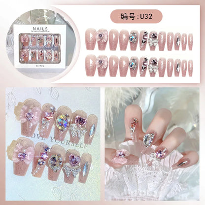 24pcs/box Luxury Pink Long Coffin Fake Nails Y2K Moon Star Rhinestones Press On Nails Handmade Full Cover Reusable False Nails