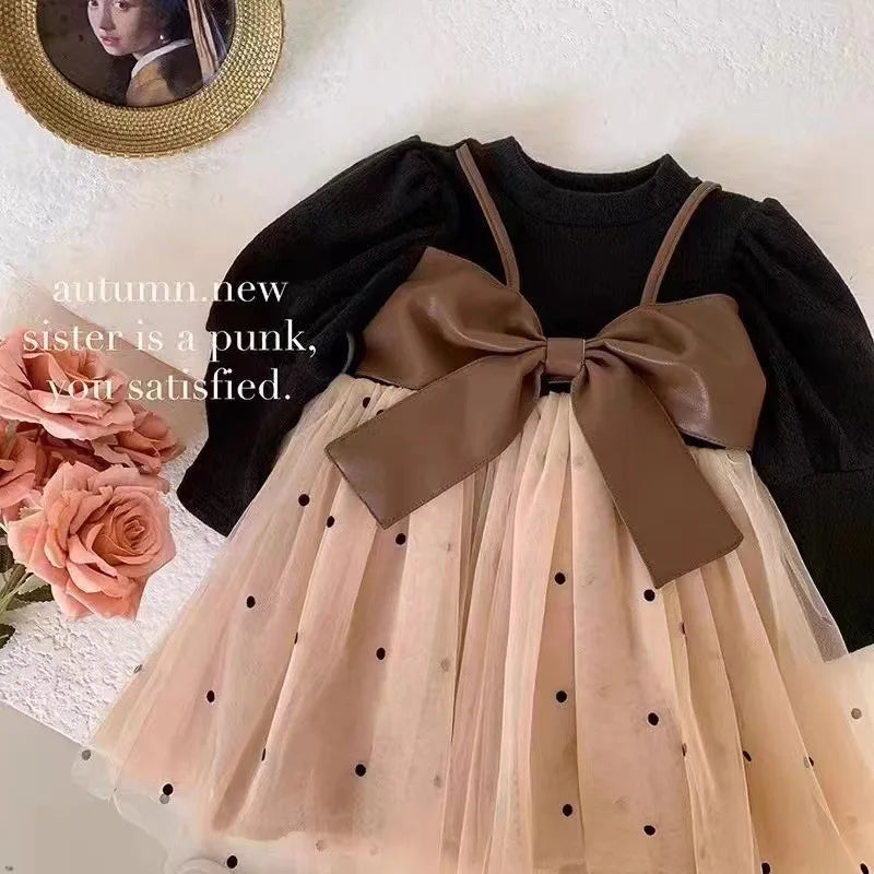 Children's Spring Autumn Long sleeves Dress  Baby Girl Big Bow Tulle Fashion Dress fit 0-3 Year Baby Girl Birthday Party Dress