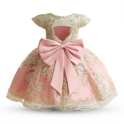 Embroidery Elegant Kids Princess Dresses for Girls Luxury Golden Lace Vintage Children Festival Party Gown Baby Baptism Vestidos