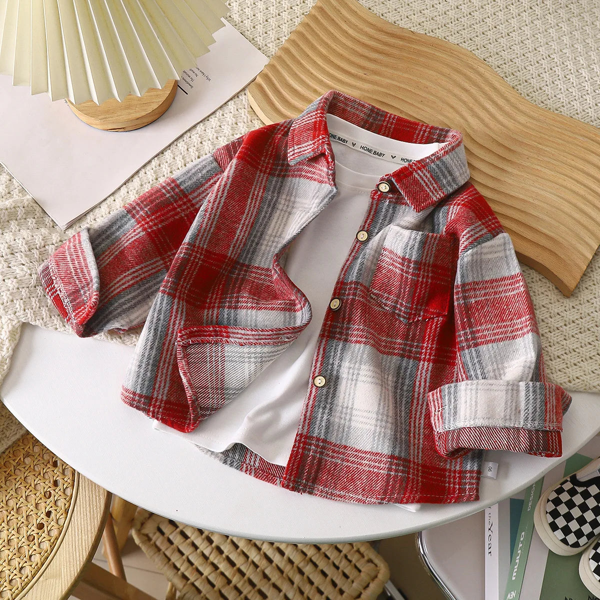 2-9Y Kids Boys Girls Spring Fall Vintage Plaid Shirt Cotton Clothing Long Sleeve Lapel Single Breasted Cardigan Base T-shirt