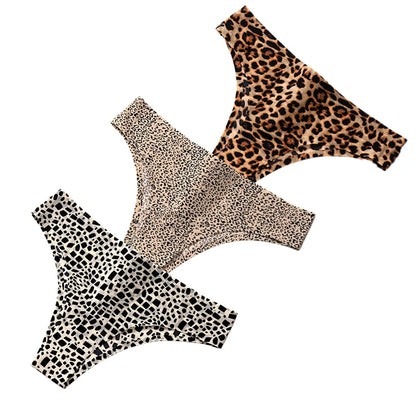 Giczi 3PCS/Set Women's Panties Fashion Leopard Bikini Sexy Thongs Seamless Underwear Silk Satin Lingerie Sport Fitness G-Strings