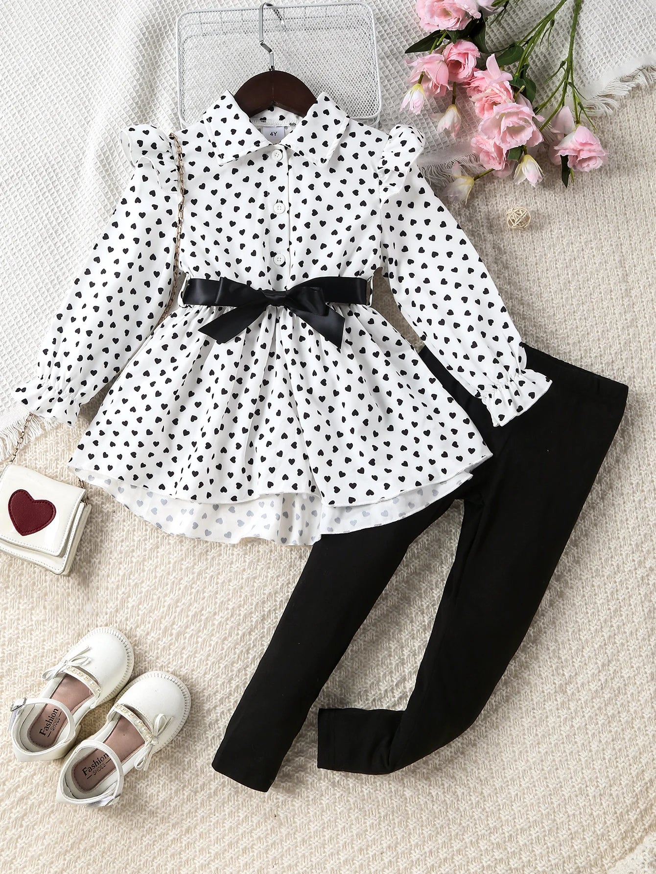 Girls Are Suitable for Spring & Fall, Elegant and Ladylike Polka-Dot Front-Breasted Umbrella-Shaped Hem, Long Shirt Top + Tights + Belt Three-Piece Set