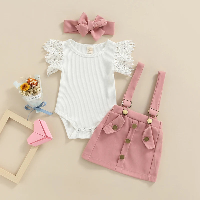 0-18M Newborn Infant Baby Girls Lace Short Sleeve Romper Tops Suspender Skirt Headband Outfits Clothes Set 3pcs Summer Clothing