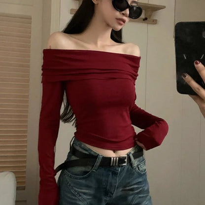 Vintage Slash Neck Pullover Women Korean Fashion Slim Long Sleeve