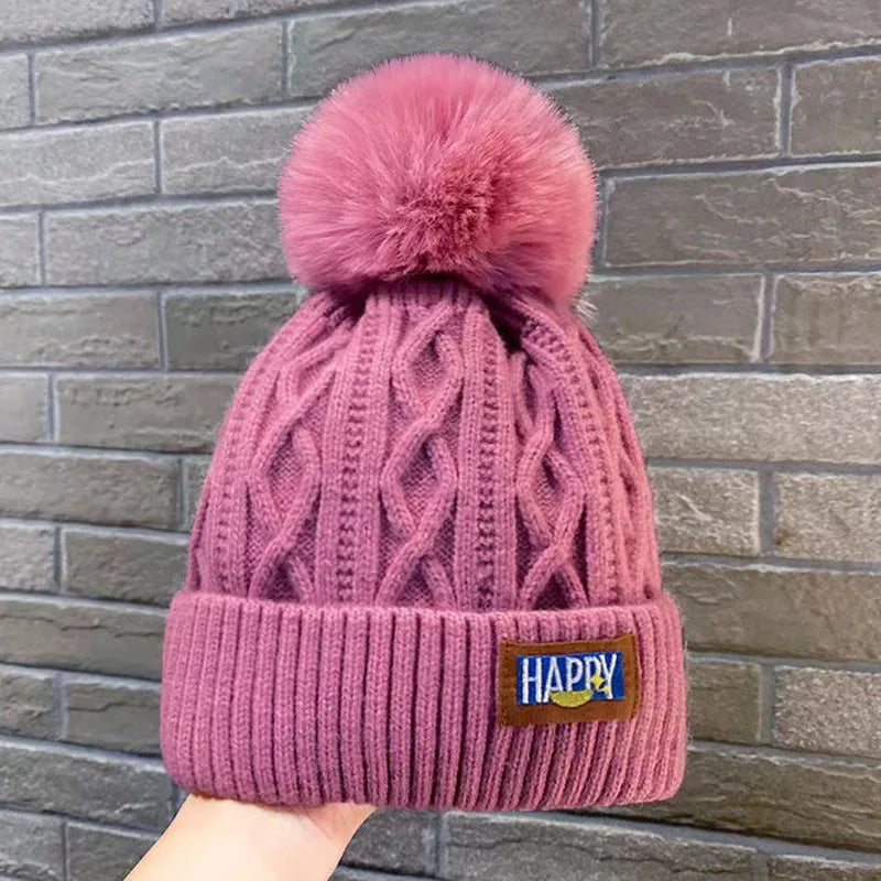 Soft Thick Knitted Beanies Cap With Hairball Winter Warm Lining Velvet Woolen Hat Fashion Twist Weaving Outdoor Causal Women Hat