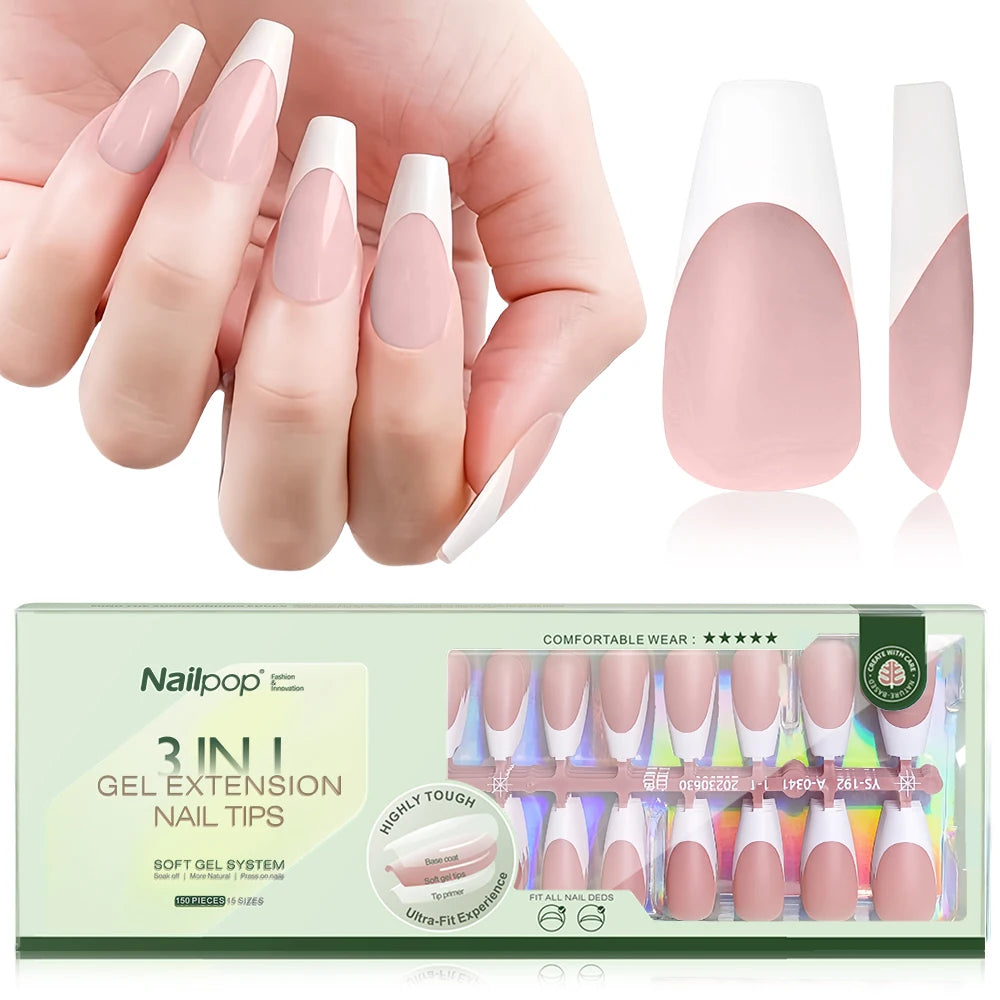 NAILPOP 150PCS Short Coffin Press on Nails 3 in 1 Coat Soft Gel Nail Tips French Tip Press on Nails 15 Sizes of Nail Art DIY