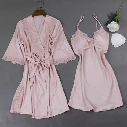 2 Pcs/Set Women Pajama Set Lace Patchwork Bow Decor Solid Color Loose Silky Lace-up Tight Waist Loose Long Sleeve Nightgown Slee