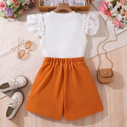 Korean Fashion Summer Outfits For Kids Girls White Short-Sleeved Top And Yellow A-line Shorts Simple Generous Style Daily Suits