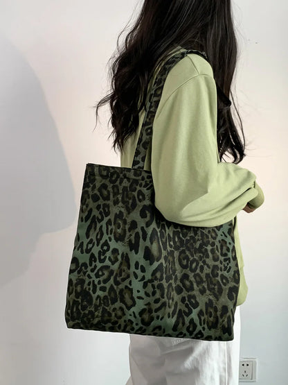 Large Women's Shopping Bag 2024 Summer Ladies Canvas Shoulder Tote Bags Aesthetic Green Leopard Fashion Ecobag Cloth Handbags