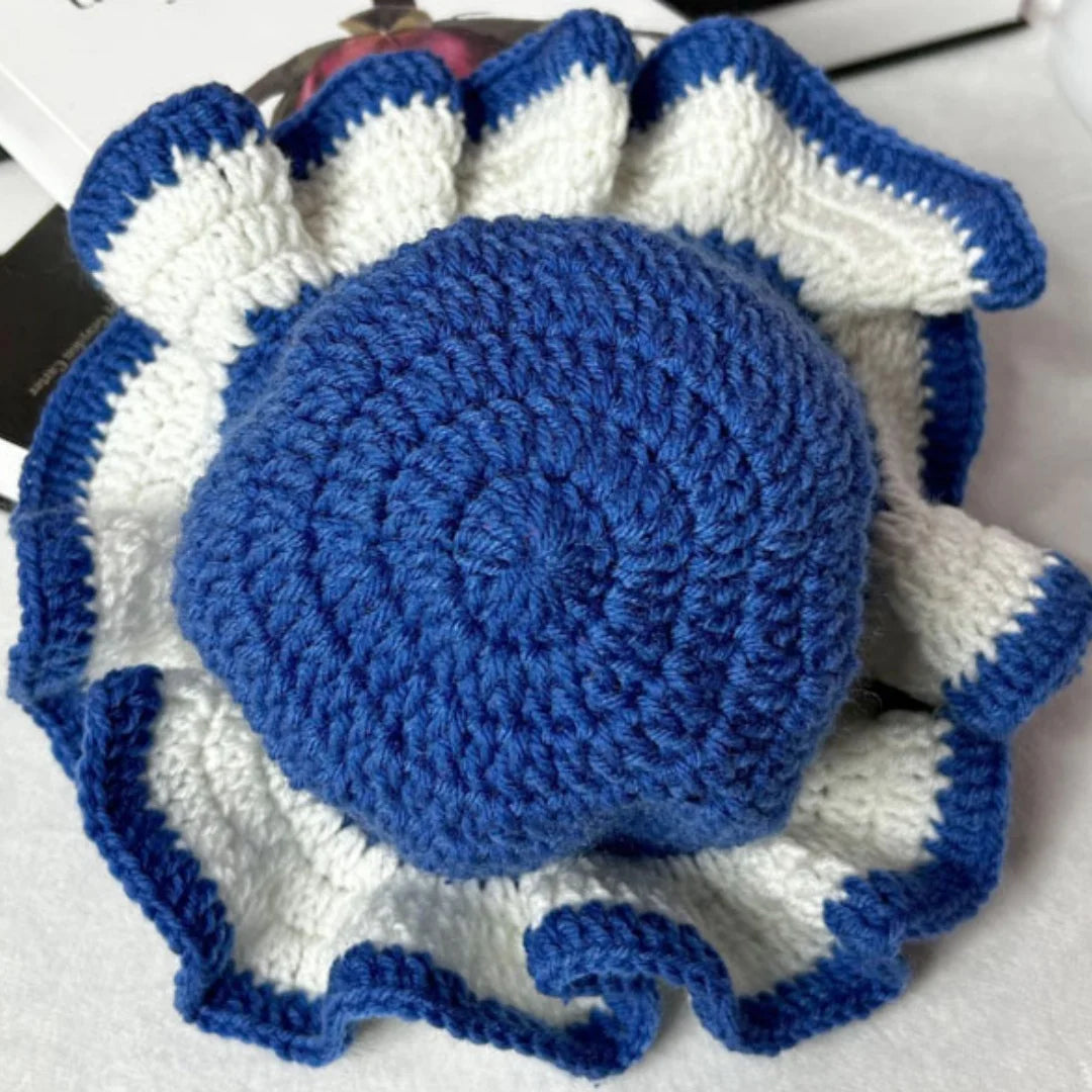 Handmade Crochet Knitted Hats Women Girl Crochet Scallop Ruffle Edge Knit Bucket Caps Adult Trendy Rainbow Striped Beach Sun Hat