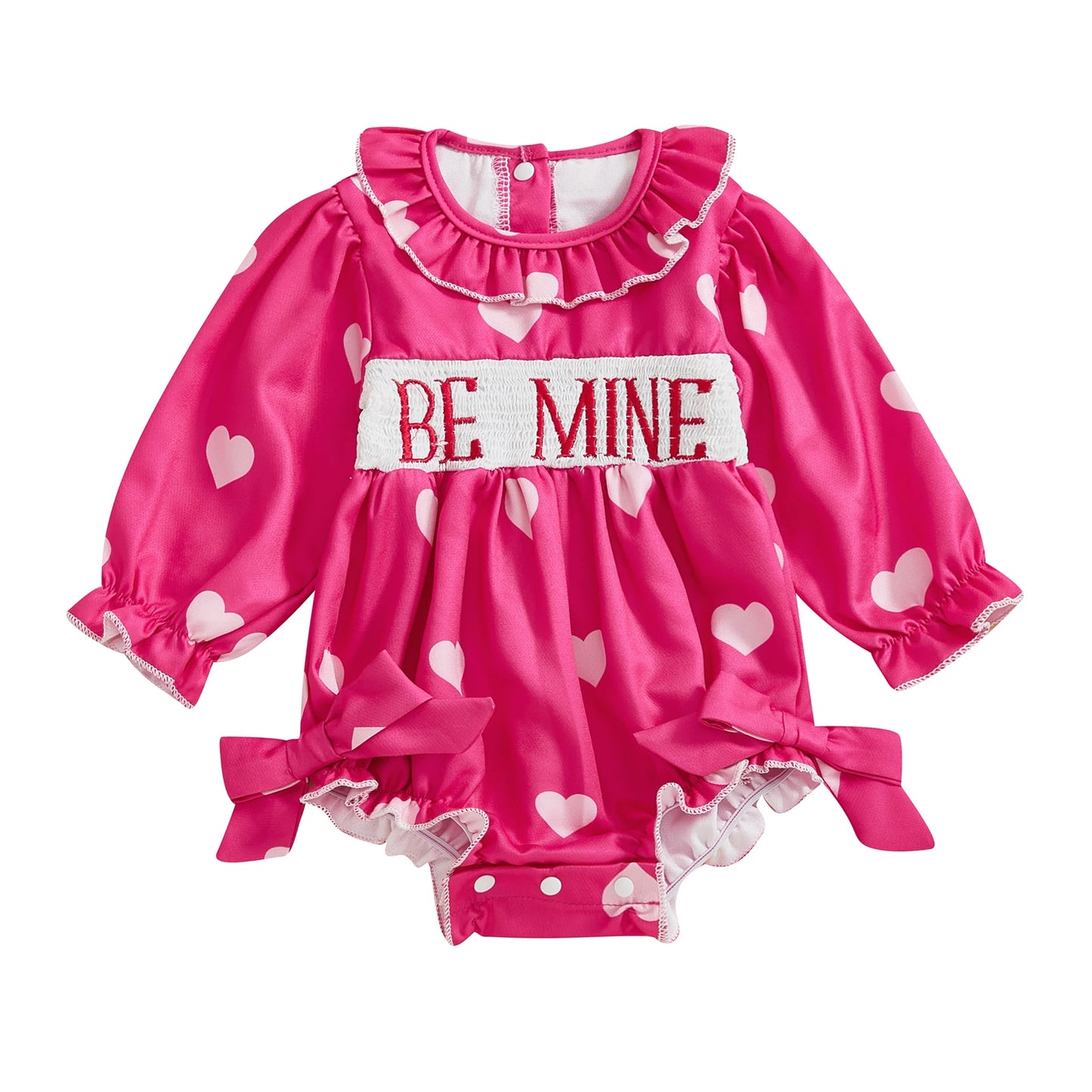 FOCUSNORM 0-24M Lovely Baby Girls Valentine’s Day Romper Long Sleeve Doll Collar Letter Embroidery Heart Print Bow Jumpsuits