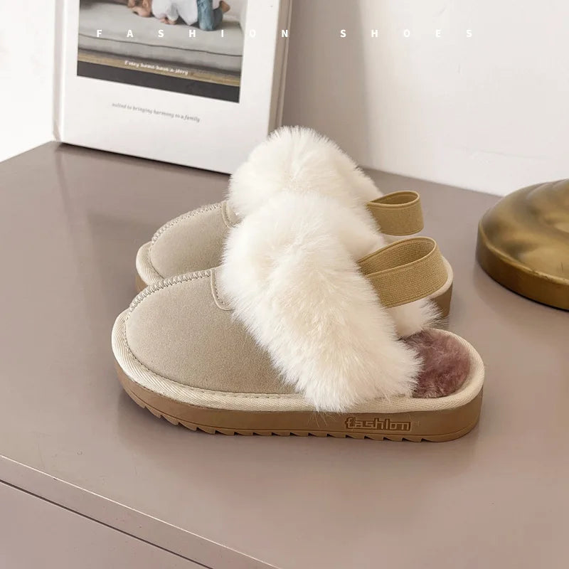 Winter Kids Fur Slippers Korean Elastic Band Girls Cotton Shoes