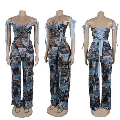 Oil Painting Printed Women's Set Lace Up Back Crop Top and Pants Suit 2025 Fall Winter