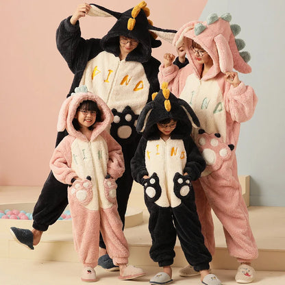 Parent-Child Outfit Pijamas Jumpsuits Kawaii Cartoon Panda Women Men Sleepwear Hoodies Winter Thicken Pajamas Onesie Pyjamas