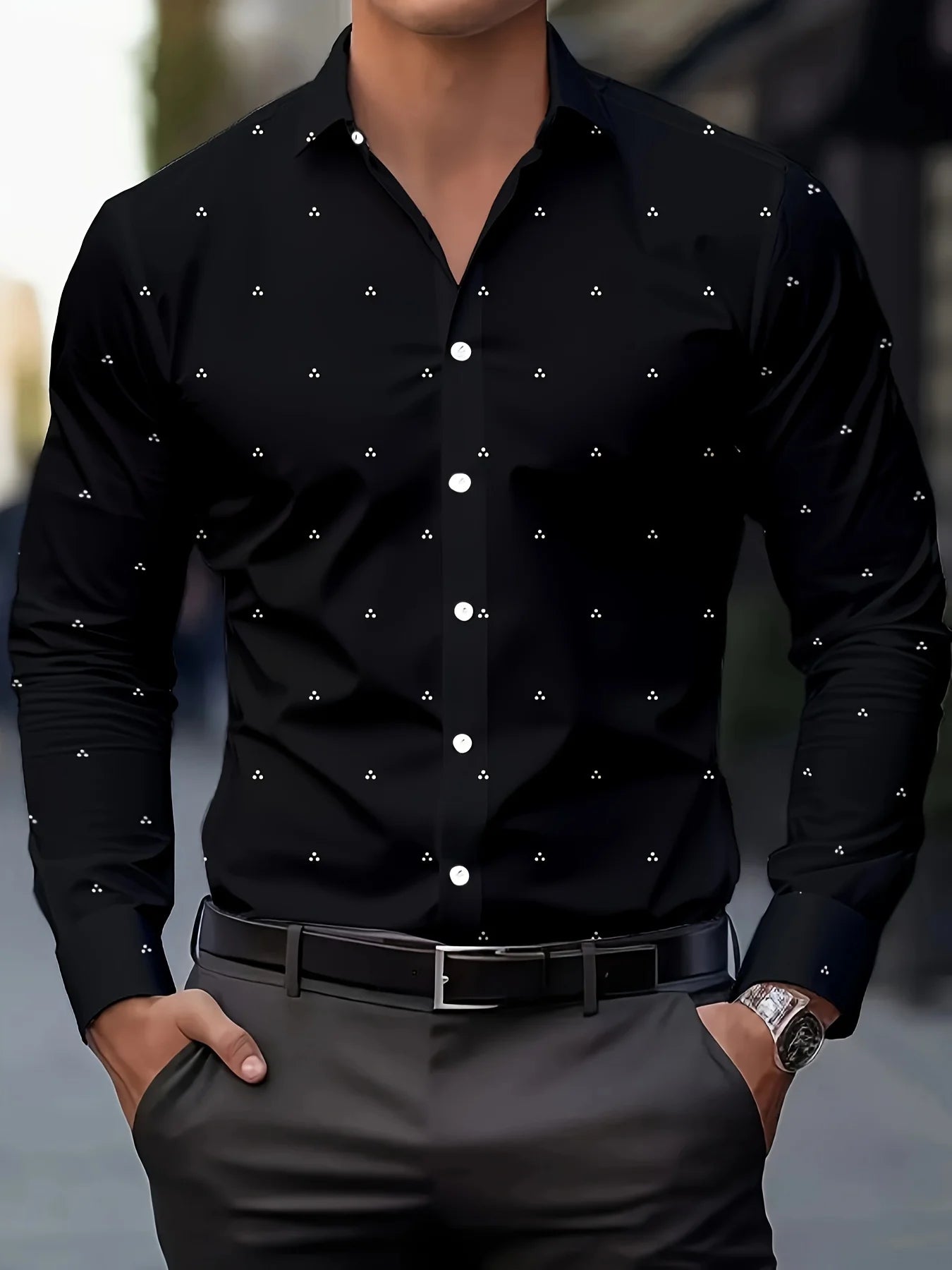 Men's Fashion Polka Dot Digital Print Shirts, Casual Breathable Lapel Button Long Sleeve Shirt Men's Clothing Men's Formal shirt