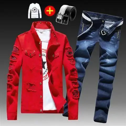 Spring Autumn Mens Denim Jacket + Jeans Pants Set Fashion Single Breasted Coat Trousers Two Piece Denim suit