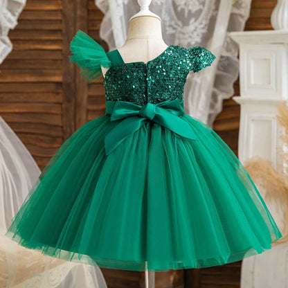 Baby Girls 1st Birthday Party Dress Princess Sequins Green Dress Gala Gown Flower Fluffy Dress