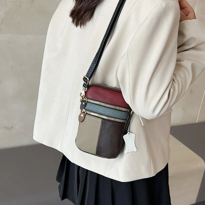 New Fashion Soft Leather Women Shoulder Bag Multi Zipper Soft Cowhide Girls Small Mobile Phone Bag Color Stitching Color Random