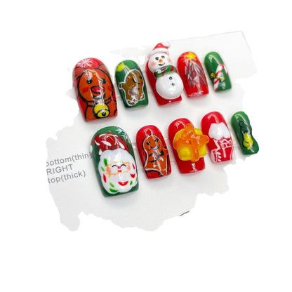 Press On Nails Handmake Autumn and Winter Three Dimensional Cartoon Cute Snowman Santa Claus Elk Removable Reusable Fake Nails