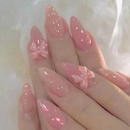 24Pcs Mid-length False Nails with Almond Head Design Brown Gold Lines Fake Nails Oval Wearable French Press on Nail Tips