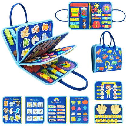 Toddlers Travel Busy Board for Boys Girls Montessori Toys for 2+ Year Old Preschool Learning Life Skill, Alphabet, Number, Shape