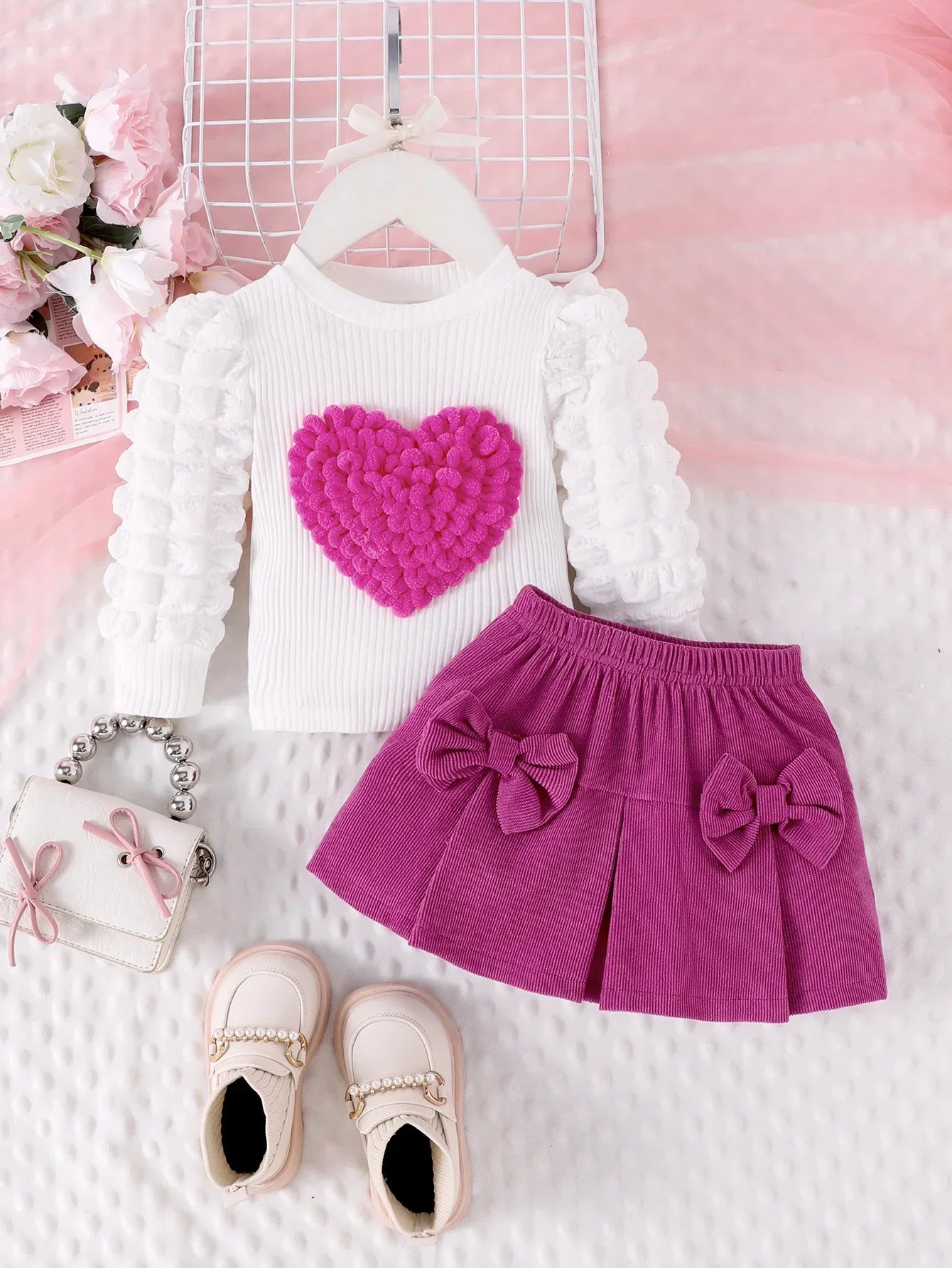 Ceeniu 0-3Y Baby Pink Heart Outfit Long Sleeve High Neck Pink Rose Top and Bow Skirt+Hat 3pcs Toddler Clothing Sets For Girl