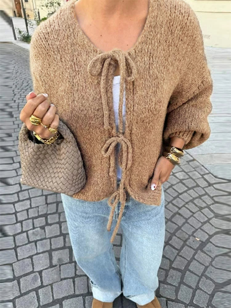 Fashion Casual Brown Lace Up Bow Knitted Cardigan O-neck Long Sleeve Hollow Out Sweater