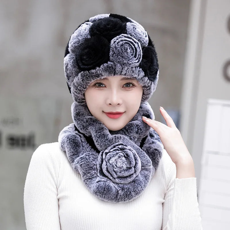 2025 Hot Sale Women Winter Fur Hat Scarf Sets Natural Warm Real Rex Rabbit Fur Cap Scarves Lady Knitted Genuine Fur Hats Muffler