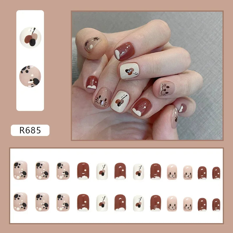 Vintage Camellia Wearable Pink Press on Fake Nails Tips with Glue False Nails Design Butterfly Lovely Girl False Nails