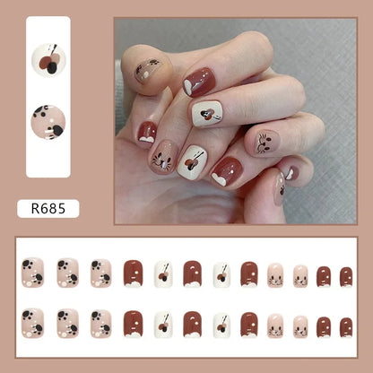 Vintage Camellia Wearable Pink Press on Fake Nails Tips with Glue False Nails Design Butterfly Lovely Girl False Nails