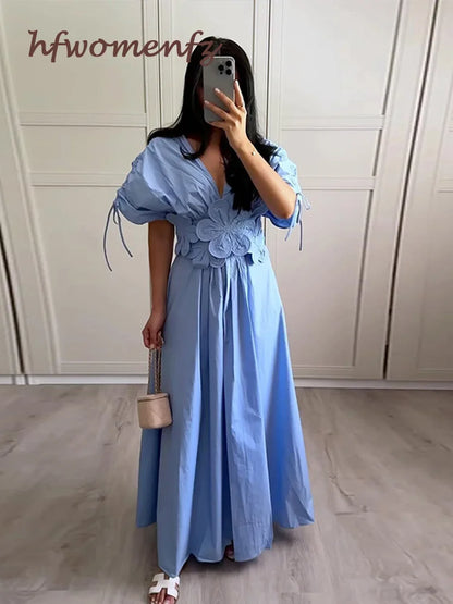 Elegant 3d Flower Pleated Long Dresses Women Pleat V Neck Short Sleeved Drawstring Lace Up Robes 2024 Summer Lady Vacation Dress