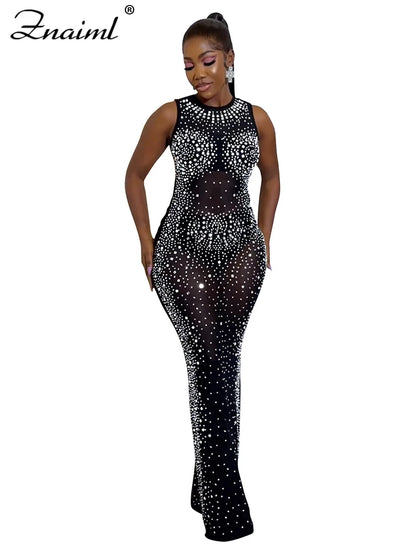 Znaiml Luxury Sparkly Crystal Rhinestone Christmas Evening Bodycon Long Dress Women's Mesh See Through Birthday Night Vestidos