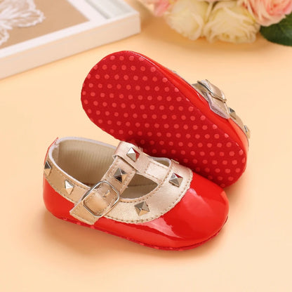 Newborn Baby Shoes Baby Girl Shoes Girl Classic Red Bowknot Rubber Sole Anti-slip PU Dress Shoes First Walker Toddler Crib Shoes