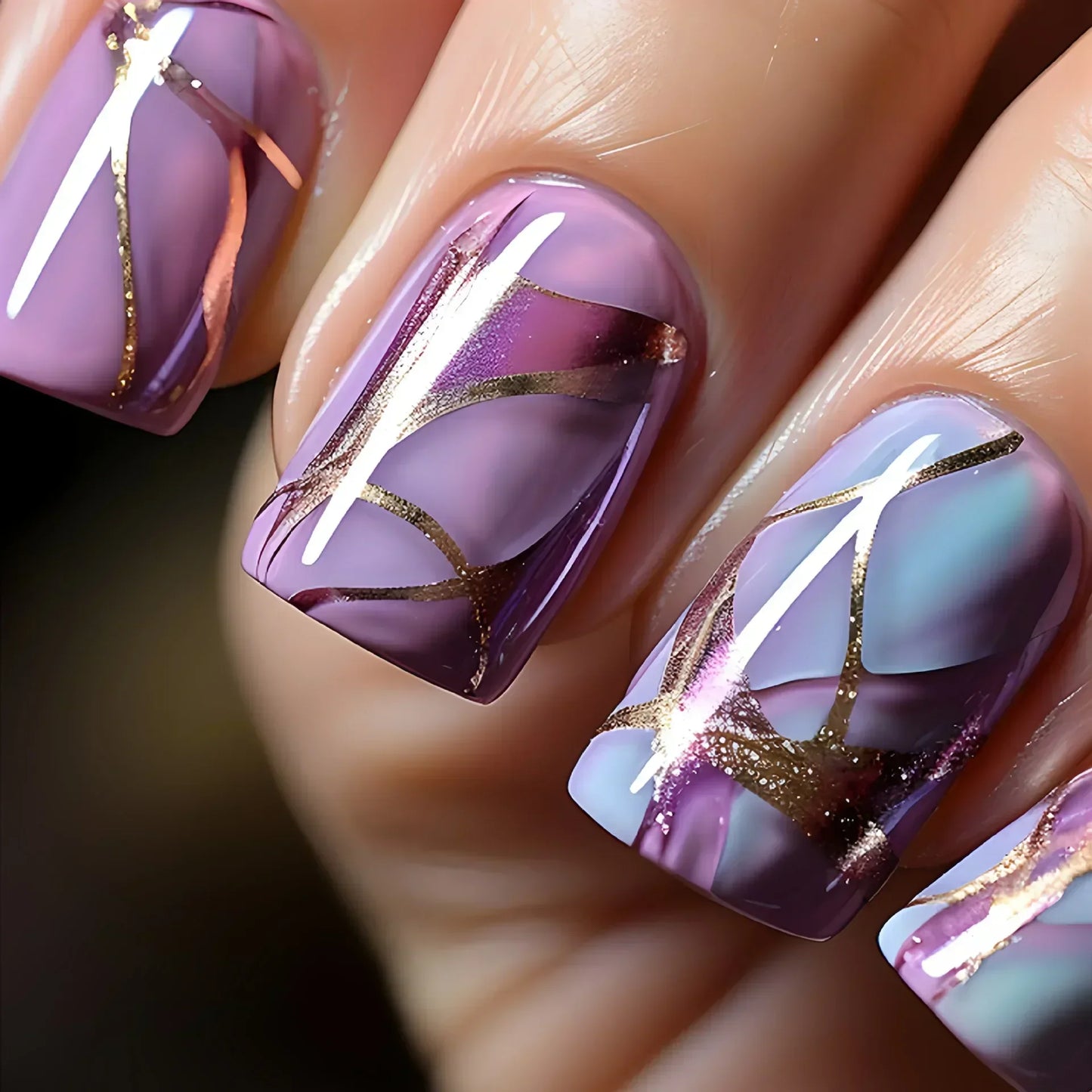 24Pcs Sweet Cool Press on Nails Short Square False Nail Gradient Glitter Line Fake Nails Full Cover Glossy Acrylic Manicure Nail