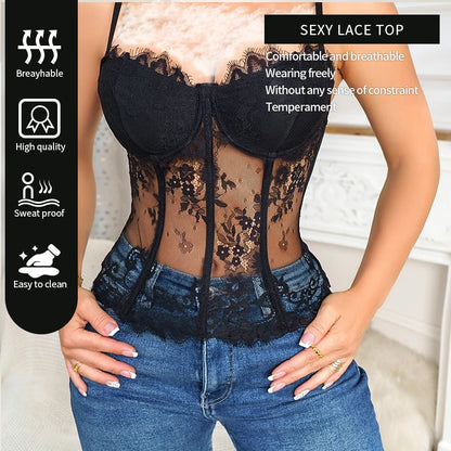 Women's Sleeveless Tight Fitting Tank Top Women's Lace Transparent Fish Minimalist Bra Black Sheer Lace Tight Fitting Bra