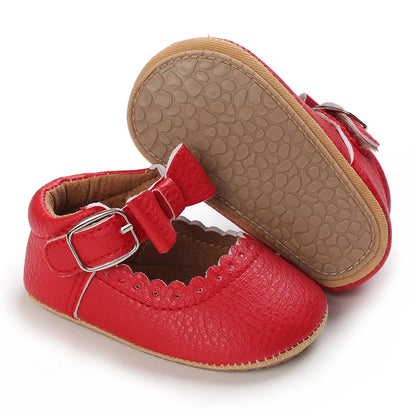 Newborn Baby Shoes Baby Girl Shoes Girl Classic Red Bowknot Rubber Sole Anti-slip PU Dress Shoes First Walker Toddler Crib Shoes