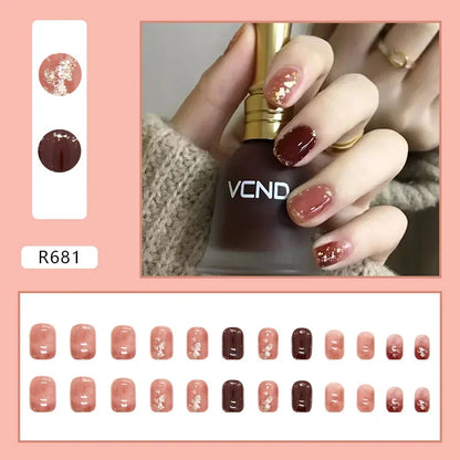 Vintage Camellia Wearable Pink Press on Fake Nails Tips with Glue False Nails Design Butterfly Lovely Girl False Nails