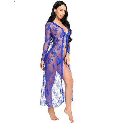 Toucheart Sexy Lace Mesh Transparent Sexy Robe Nightgown Women's See-Through Lace Printing Deep V-Neck Home Ultrathin Nightgown