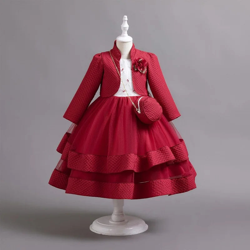 3-piece New Girls' Princess Dress Embroidered Long Sleeve Elegant Girls' Dress Children's Birthday Party Dress+Bag Set