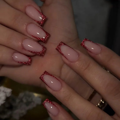 24pcs Black Short Ballet False Nails with Glue French Design Detachable Fake Nails Art Heart Full Cover Press on Nails Tips