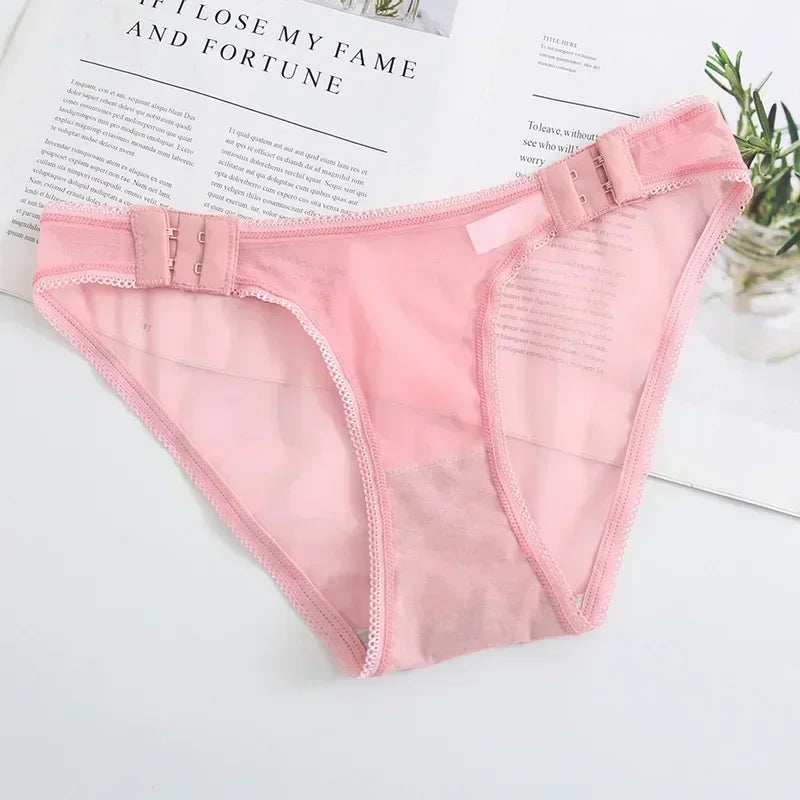 Transparent Mesh Panties for Women Adjustable Side Buckle Cotton Crotch Low Waist Seamless Briefs Sexy Underpants Lingerie