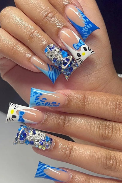 Y2K duck Press on Nails 24pcs Cute Hellokitty Design Fake Nail Blue Rhinestone Decor Acrylic French Nail Tips Party Gift