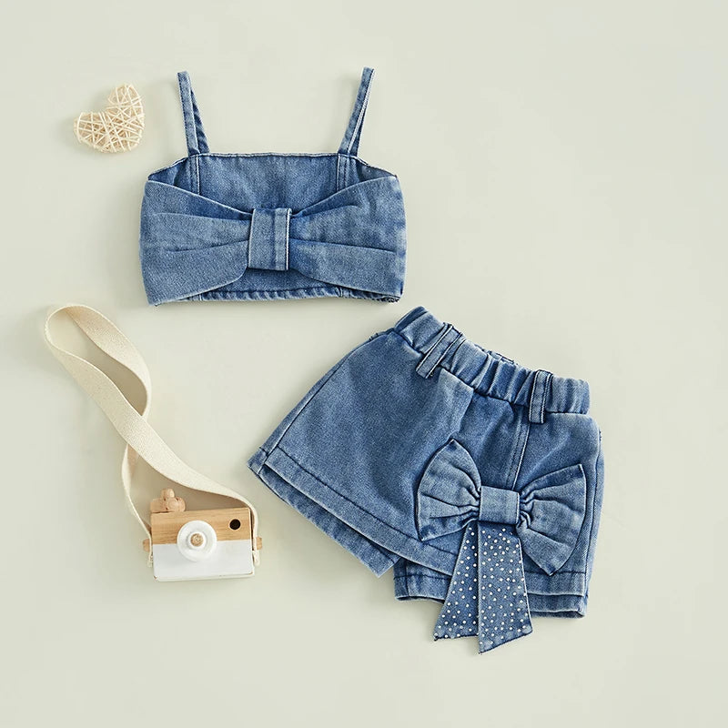 6M-5T Kids Girls 2Pcs Denim Clothes Set Sleeveless Crops Bow Tops Shorts