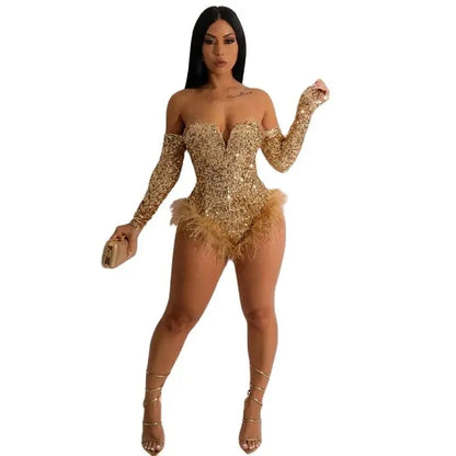 Sequins Splicing Feather Jumpsuit Women Sexy Backless Long Sleeve Slim Fit Chic Bodysuit