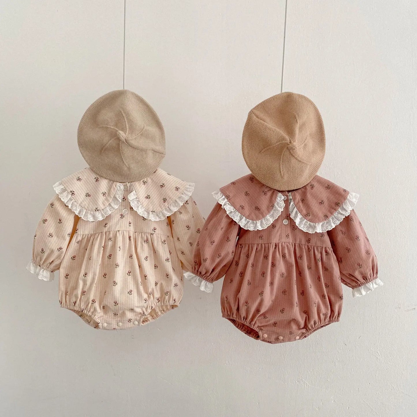 2024 Autumn Infant Baby Girls Full Sleeve Peter Pan Collar Lace Ruched Floral One-piece Newborn Kids Jumpsuits Toddler Bodysuits