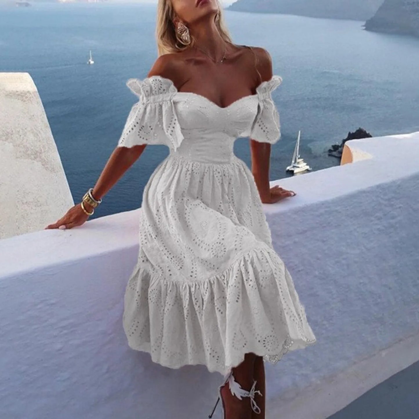 Sexy Off Shoulder Ruffled Dress Solid Hollow Out Dress Casual Slim Fit Party Dress Women Elegant Summer Dresses 2024 Vestidos