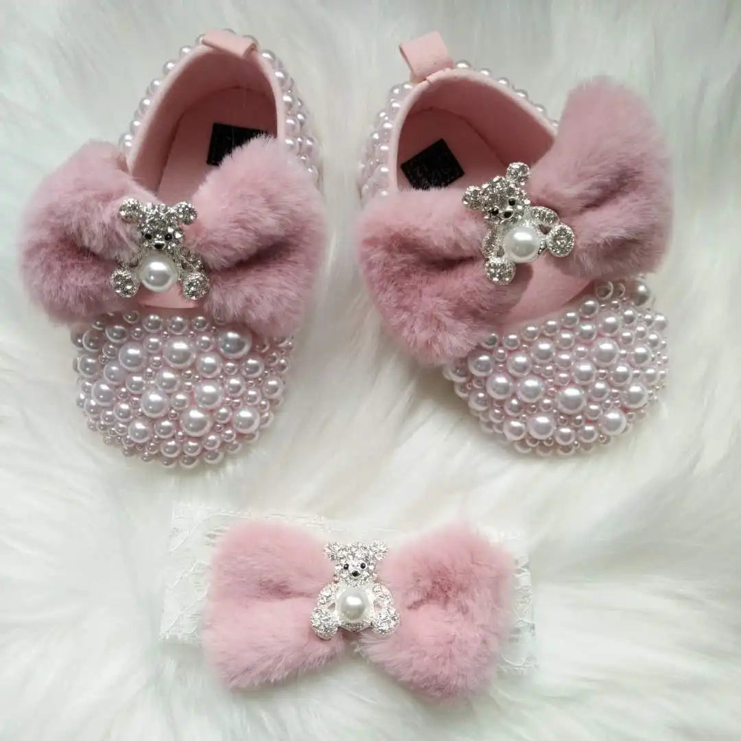 Dollbling Pink Furry Cute Bear Bow Bling Rhinestones Handmade Princess Newborn Baby Girl Shoes Wedding Party  Ballet DIY Infant